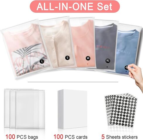 100 قطعة من أكياس تغليف القمصان مقاس 10 × 13 بوصة مع ملصقات بحجم الملابس والورق المقوى، أكياس بلاستيكية بسحاب بلوري مقاس 10 × 13 بوصة للملابس، مجموعة عبوات تي شيرت in Kuwait