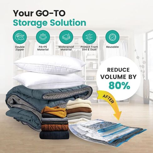 20 عبوة من أكياس تخزين المكنسة الكهربائية، أكياس بلاستيكية موفرة للمساحة (4 كبيرة/4 كبيرة/4 متوسطة/4 صغيرة/4 رول) ضغط للملابس والمراتب والبطانيات وتخزين الفراش، تتضمن مضخة يدوية in Kuwait