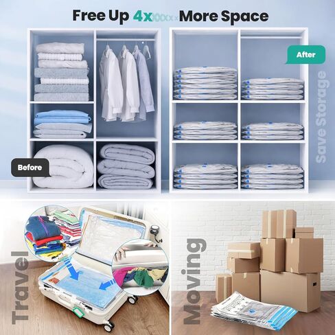 20 عبوة من أكياس تخزين المكنسة الكهربائية، أكياس بلاستيكية موفرة للمساحة (4 كبيرة/4 كبيرة/4 متوسطة/4 صغيرة/4 رول) ضغط للملابس والمراتب والبطانيات وتخزين الفراش، تتضمن مضخة يدوية in Kuwait