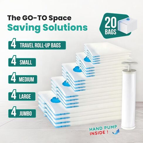 20 عبوة من أكياس تخزين المكنسة الكهربائية، أكياس بلاستيكية موفرة للمساحة (4 كبيرة/4 كبيرة/4 متوسطة/4 صغيرة/4 رول) ضغط للملابس والمراتب والبطانيات وتخزين الفراش، تتضمن مضخة يدوية in Kuwait