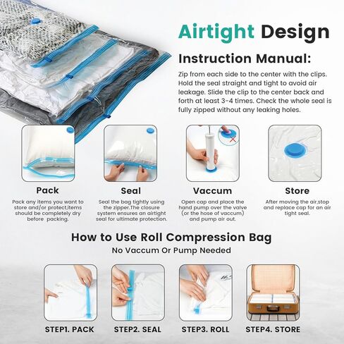 20 عبوة من أكياس تخزين المكنسة الكهربائية، أكياس بلاستيكية موفرة للمساحة (4 كبيرة/4 كبيرة/4 متوسطة/4 صغيرة/4 رول) ضغط للملابس والمراتب والبطانيات وتخزين الفراش، تتضمن مضخة يدوية in Kuwait
