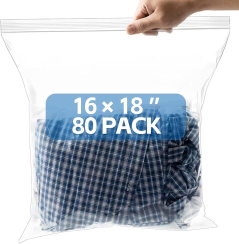 80 عبوة من أكياس سحاب بلاستيكية كبيرة قابلة لإعادة الإغلاق مقاس 16 × 18 بوصة، أكياس شفافة سعة 3.5 جالون للتخزين والمنزل والأحذية واللوازم المكتبية وأساسيات السفر in Kuwait