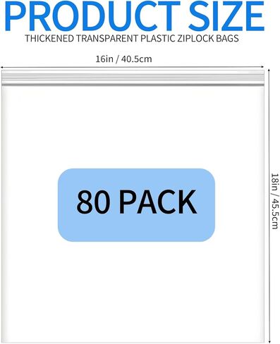 80 عبوة من أكياس سحاب بلاستيكية كبيرة قابلة لإعادة الإغلاق مقاس 16 × 18 بوصة، أكياس شفافة سعة 3.5 جالون للتخزين والمنزل والأحذية واللوازم المكتبية وأساسيات السفر in Kuwait