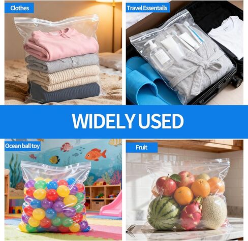 80 عبوة من أكياس سحاب بلاستيكية كبيرة قابلة لإعادة الإغلاق مقاس 16 × 18 بوصة، أكياس شفافة سعة 3.5 جالون للتخزين والمنزل والأحذية واللوازم المكتبية وأساسيات السفر in Kuwait