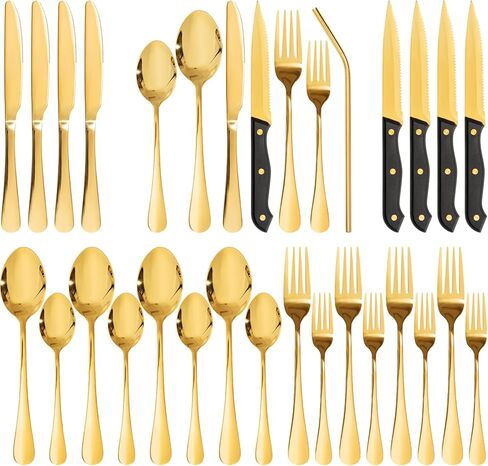Astercook Silverware Set with Steak Knives 24-Piece Flatware Set for 4 Food-Grade Stainless Steel Cutlery Set Mirror Polished Utensils Set Include Spoons and Forks for Home Kitchen Restaurant in Kuwait