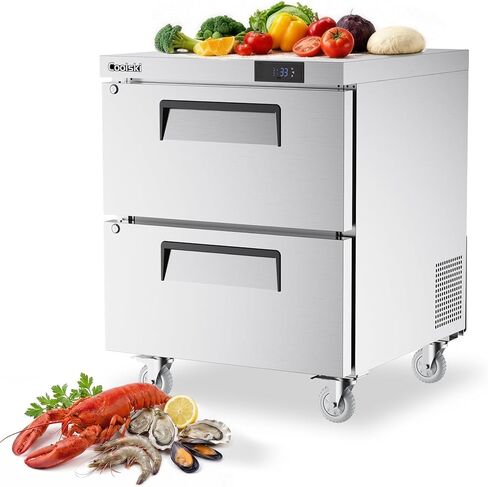 Coolski Commercial Worktop Undercounter Refrigerator with Drawers, 27" W 2 Drawers Under Counter Fridge with 6 Pans, 5.2 Cu.ft. Stainless Steel Refrigerator for Restaurant, Bar, Shop, Kitchen Use in Kuwait