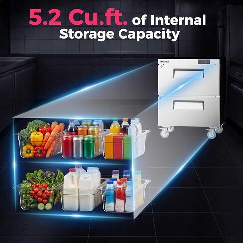 Coolski Commercial Worktop Undercounter Refrigerator with Drawers, 27" W 2 Drawers Under Counter Fridge with 6 Pans, 5.2 Cu.ft. Stainless Steel Refrigerator for Restaurant, Bar, Shop, Kitchen Use in Kuwait