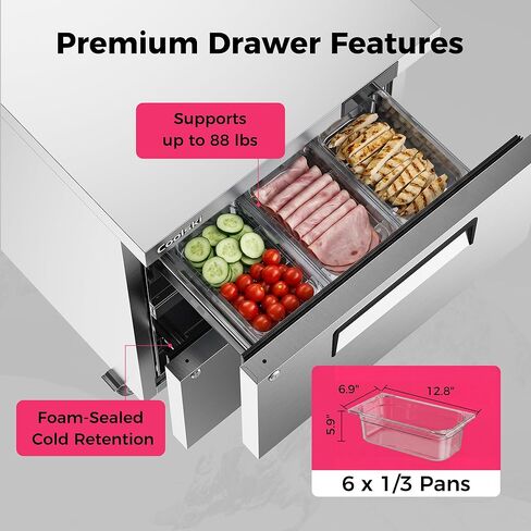 Coolski Commercial Worktop Undercounter Refrigerator with Drawers, 27" W 2 Drawers Under Counter Fridge with 6 Pans, 5.2 Cu.ft. Stainless Steel Refrigerator for Restaurant, Bar, Shop, Kitchen Use in Kuwait