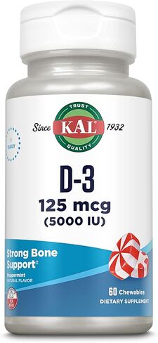 KAL Vitamin D3 5000 IU 125 mcg, High Potency Vitamin D Chewables, Calcium Absorption, Bone Health and Immune Support Supplement, Natural Peppermint Flavor, 60-Day Guarantee, 60 Servings, 60 Chews in Saudi Arabia