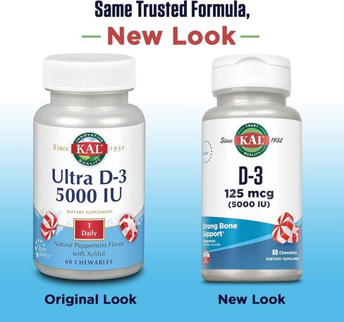 KAL Vitamin D3 5000 IU 125 mcg, High Potency Vitamin D Chewables, Calcium Absorption, Bone Health and Immune Support Supplement, Natural Peppermint Flavor, 60-Day Guarantee, 60 Servings, 60 Chews in Saudi Arabia