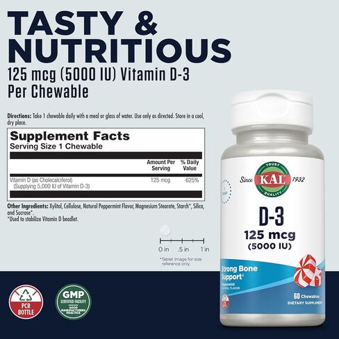 KAL Vitamin D3 5000 IU 125 mcg, High Potency Vitamin D Chewables, Calcium Absorption, Bone Health and Immune Support Supplement, Natural Peppermint Flavor, 60-Day Guarantee, 60 Servings, 60 Chews in Saudi Arabia