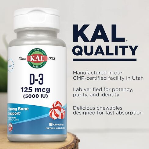 KAL Vitamin D3 5000 IU 125 mcg, High Potency Vitamin D Chewables, Calcium Absorption, Bone Health and Immune Support Supplement, Natural Peppermint Flavor, 60-Day Guarantee, 60 Servings, 60 Chews in Saudi Arabia