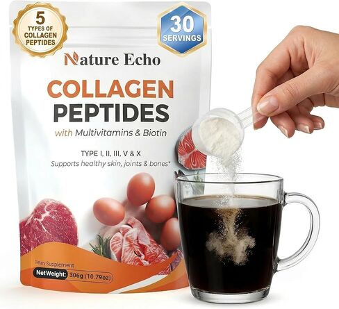 مسحوق ببتيدات الكولاجين المتحلل من Nature Echo®، مسحوق ببتيدات الكولاجين المتعدد مع البيوتين وحمض الهيالورونيك - 11 في 1 كولاجين للنساء، مزيج تجميل للبشرة والشعر والأظافر والمفاصل in Kuwait