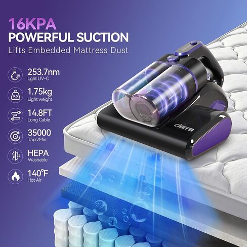 مكنسة كهربائية للمرتبة 4 في 1، مكنسة كهربائية للسرير بقدرة 600 وات 16 كيلو باسكال مع ضوء UV-C بطول 253.7 نانومتر، وحرارة 140 درجة فهرنهايت، وفلتر بالموجات فوق الصوتية وفلتر HEPA، ومنظف عميق سلكي للمراتب والأريكة وسرير الأطفال وشعر الحيوانات الأليفة in Kuwait