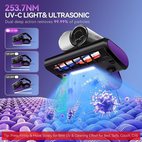 مكنسة كهربائية للمرتبة 4 في 1، مكنسة كهربائية للسرير بقدرة 600 وات 16 كيلو باسكال مع ضوء UV-C بطول 253.7 نانومتر، وحرارة 140 درجة فهرنهايت، وفلتر بالموجات فوق الصوتية وفلتر HEPA، ومنظف عميق سلكي للمراتب والأريكة وسرير الأطفال وشعر الحيوانات الأليفة in Kuwait