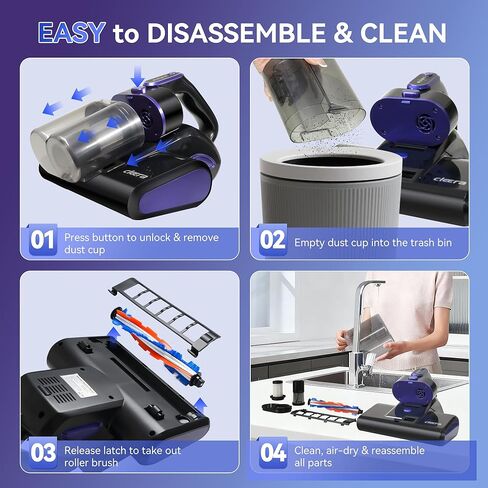 مكنسة كهربائية للمرتبة 4 في 1، مكنسة كهربائية للسرير بقدرة 600 وات 16 كيلو باسكال مع ضوء UV-C بطول 253.7 نانومتر، وحرارة 140 درجة فهرنهايت، وفلتر بالموجات فوق الصوتية وفلتر HEPA، ومنظف عميق سلكي للمراتب والأريكة وسرير الأطفال وشعر الحيوانات الأليفة in Kuwait