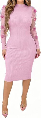Uni Clau Women's Sexy Ribbed Bodycon Dress Mesh Floral Long Sleeve Slim Fit Midi Lilac Night Club Party Dresses in Kuwait