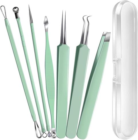 Teenitor 7 Pcs Pimple Popper Tool Kit, Surgical Grade Blackhead Remover Tools, Ingrown Hair Tweezers, Blackhead Extractor Pimple Extractor, Black Head Remover for Face in Kuwait