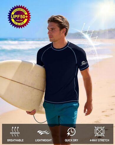 Men's UPF 50+ Swim Shirts Short Sleeve, Sun Protection Quick Dry Rash Guard, Athletic T-Shirt for Fishing Beach Surf in Saudi Arabia