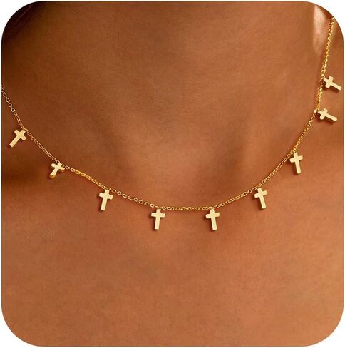 Yoosteel Gold Cross Necklace for Women - Dainty 14K Gold Plated Cross Pendant Chain Choker Necklaces Simple Tiny Cute Charm for Women Trendy Faith Religious Jewelry Gift in Kuwait