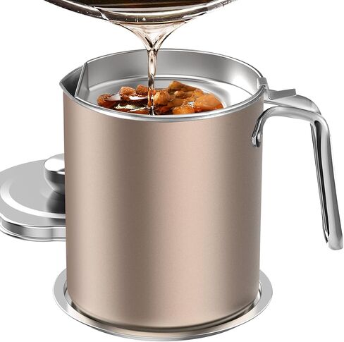 Chihee Grease Container Stainless Steel Bacon Grease Saver with Fine Mesh Strainer 2L / 67.6 fl oz Cooking Oil Keeper Stoarge Can with Dust-proof Lid Non-slip Tray for Kitchen Frying in Saudi Arabia