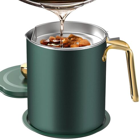 Chihee Grease Container Stainless Steel Bacon Grease Saver with Fine Mesh Strainer 2L / 67.6 fl oz Cooking Oil Keeper Stoarge Can with Dust-proof Lid Non-slip Tray for Kitchen Frying in Kuwait