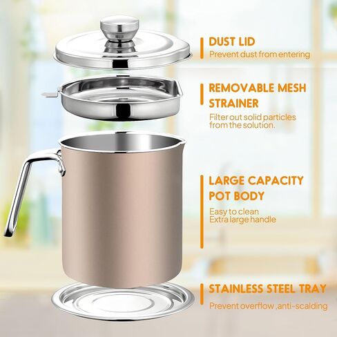Chihee Grease Container Stainless Steel Bacon Grease Saver with Fine Mesh Strainer 2L / 67.6 fl oz Cooking Oil Keeper Stoarge Can with Dust-proof Lid Non-slip Tray for Kitchen Frying in Saudi Arabia