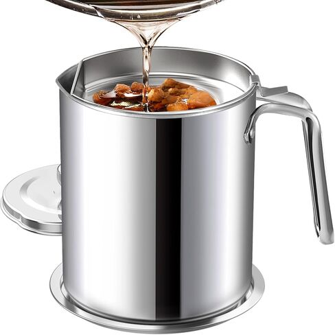Chihee Grease Container Stainless Steel Bacon Grease Saver with Fine Mesh Strainer 2L / 67.6 fl oz Cooking Oil Keeper Stoarge Can with Dust-proof Lid Non-slip Tray for Kitchen Frying in Saudi Arabia
