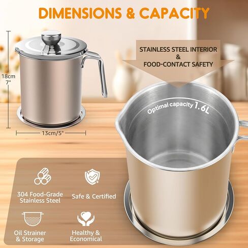 Chihee Grease Container Stainless Steel Bacon Grease Saver with Fine Mesh Strainer 2L / 67.6 fl oz Cooking Oil Keeper Stoarge Can with Dust-proof Lid Non-slip Tray for Kitchen Frying in Saudi Arabia
