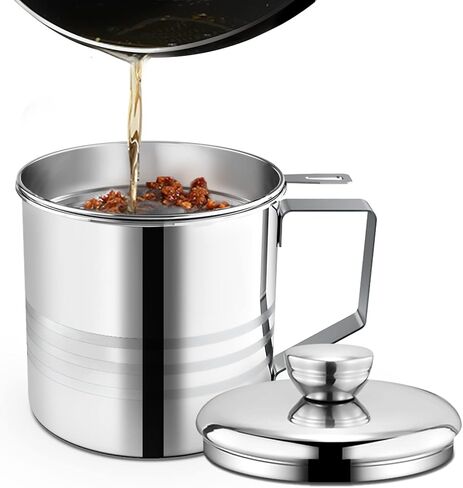 Chihee Grease Container Stainless Steel Bacon Grease Saver with Fine Mesh Strainer 2L / 67.6 fl oz Cooking Oil Keeper Stoarge Can with Dust-proof Lid Non-slip Tray for Kitchen Frying in Saudi Arabia
