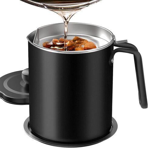 Chihee Grease Container Stainless Steel Bacon Grease Saver with Fine Mesh Strainer 2L / 67.6 fl oz Cooking Oil Keeper Stoarge Can with Dust-proof Lid Non-slip Tray for Kitchen Frying in Saudi Arabia