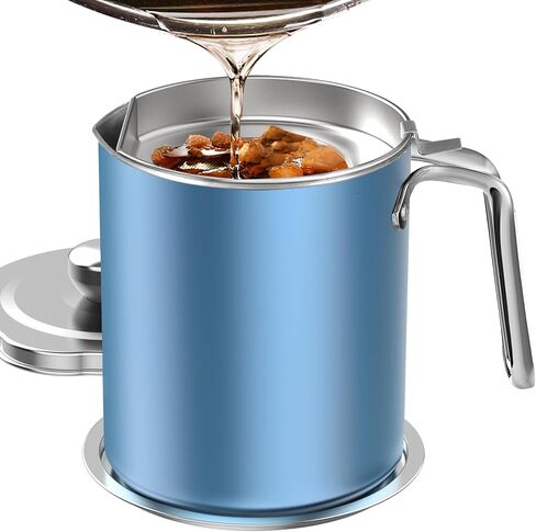 Chihee Grease Container Stainless Steel Bacon Grease Saver with Fine Mesh Strainer 2L / 67.6 fl oz Cooking Oil Keeper Stoarge Can with Dust-proof Lid Non-slip Tray for Kitchen Frying in Saudi Arabia