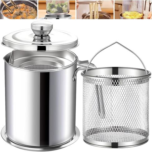 Chihee Grease Container Stainless Steel Bacon Grease Saver with Fine Mesh Strainer 2L / 67.6 fl oz Cooking Oil Keeper Stoarge Can with Dust-proof Lid Non-slip Tray for Kitchen Frying in Saudi Arabia