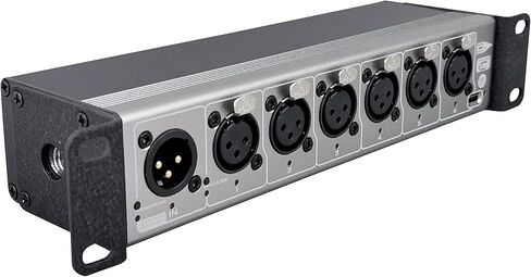 موزع DMX RDM ذو 6 منافذ، معزول بصريًا، USB مفتوح DMX، موصلات الطاقة/DMX من خلال الموصلات، حامل 1/2 من الألومنيوم المؤكسد، حامل 10 بوصة/19 بوصة/حامل تروس (فتحة M10) in Kuwait