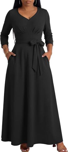 Maxi Dress for Women 3/4 Sleeves V-Neck Semi Formal Church Long Casual Dresses with Pockets in Kuwait