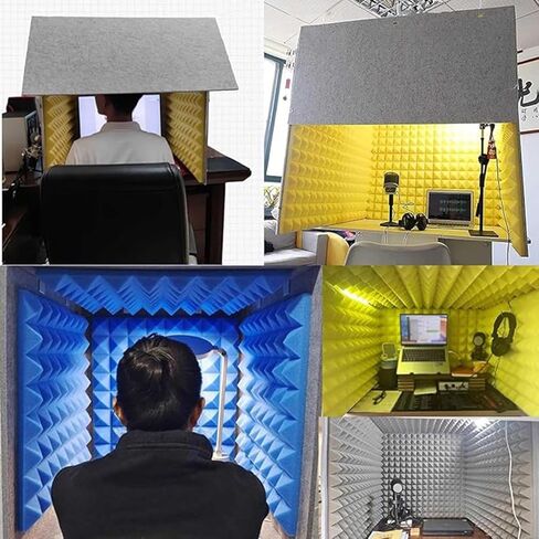 كشك تسجيل محمول، مكعب كشك إسفنجي للميكروفون، صندوق كشك صوت مصنوع ذاتيًا، درع عزل، معدات تسجيل الميكروفون، للمكتب المنزلي والاستوديو، رمادي داخلي، أزرق داخلي in Kuwait