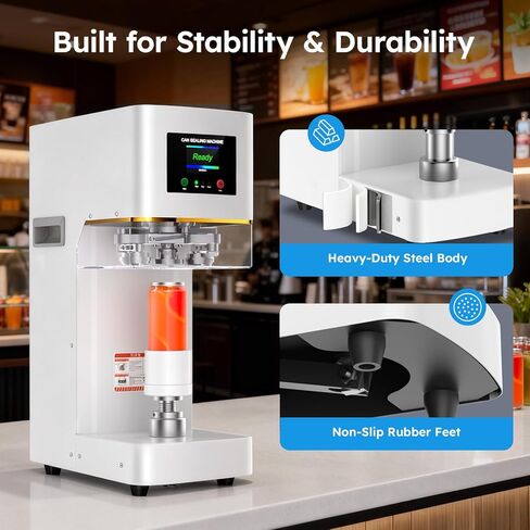 آلة إغلاق علب الصودا التجارية، آلة إغلاق علب الصودا الأوتوماتيكية بالكامل للمشروبات مع نظام إغلاق علب الصودا بزاوية 360 درجة ونظام رفع تلقائي، آلة ختم علب الفولاذ شديدة التحمل لعلب الألومنيوم والبلاستيك، باللون الأبيض in Kuwait