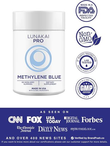 Lunakai PRO USA Made Methylene Blue Gummies 20mg with CoQ10 & Vitamin C – USP & Pharmaceutical Grade Daily Nootropic for Brain Focus, Cognitive Support & Energy, Non-GMO, 60ct in Kuwait