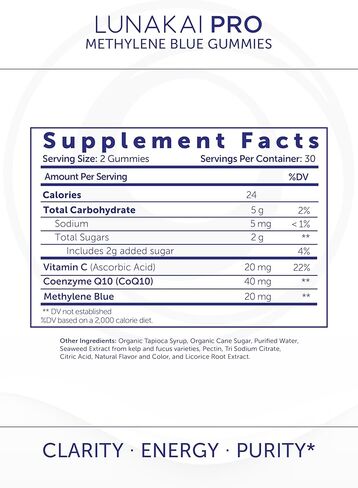 Lunakai PRO USA Made Methylene Blue Gummies 20mg with CoQ10 & Vitamin C – USP & Pharmaceutical Grade Daily Nootropic for Brain Focus, Cognitive Support & Energy, Non-GMO, 60ct in Kuwait