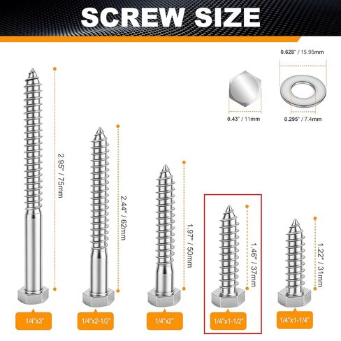 25 Pcs 1/4" x 1-1/2" Hex Head Lag Screws for Wood, Hex Head Lag Bolts,304 Stainless Steel 18-8 Heavy Duty Wood Screw with Flat Washers (25, 1/4" x 1-1/2") in Saudi Arabia