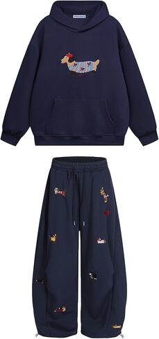 Aelfric Eden Embroidery Puppy Hoodie and Sweatpants Sweatsuits 2 Piece Set Track Suits Sweat Matching Lounge Pants Navy Blue M in Saudi Arabia