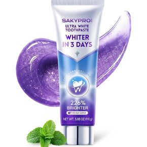 معجون أسنان SAKYPRORAL الأرجواني لتبييض الأسنان بشكل فائق، خالٍ من البيروكسيد والفلورايد، آمن على المينا للأسنان الحساسة، تفتيح فوري، حماية من البقع على مدار 24 ساعة، نعناع منعش، عبوة واحدة، 3.88 أونصة in Kuwait