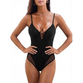 بدلة سباحة نسائية من قطعة واحدة من CUPSHE بدلة استحمام مثيرة بفتحة رقبة على شكل V ولوحة شبكية وخط خلفي وأشرطة قابلة للتعديل ملابس سباحة in Kuwait