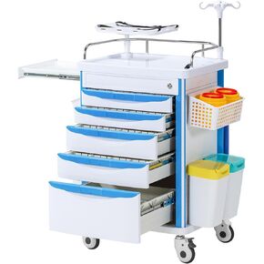 عربة طبية ذات 5 طبقات، عربات الطوارئ المتدحرجة في المستشفى مع عمود IV قابل للتعديل، عجلات صامتة، سلة المهملات وحامل O2، حامل التخلص من الإبرة - عربة تمريض مثالية للعيادات والمستشفيات in Kuwait