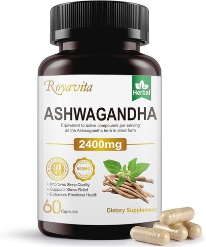 Ashwagandha Supplements 2400mg Organic with Black Pepper Vitamin B12 & B6 for Max Absorption Stress Relief Sleep Support & Athletic Performance for Men & Women 60 Capsules in Saudi Arabia