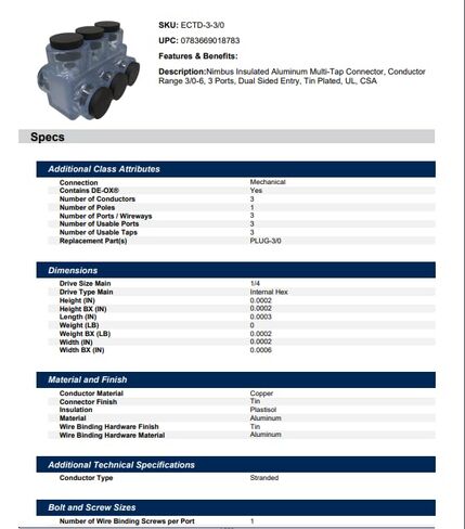 Ilsco ECTD-3-3/0 موصل ClearTap المعزول متعدد الحنفية، مدخل مزدوج الجوانب، نطاق موصل 3/0-#6، 3 منافذ (الكمية 1) in Kuwait