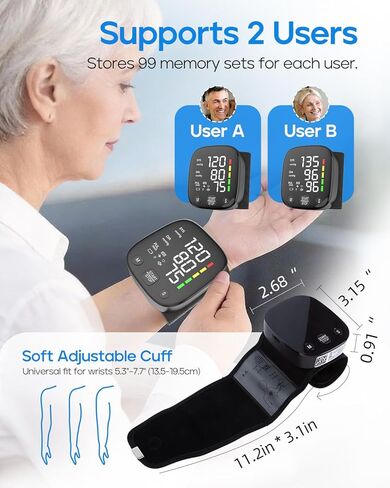 Automatic Wrist Blood Pressure Monitor for Home Use, Dual User Memory, Voice Guidance & Result Readout, Type-C Rechargeable in Saudi Arabia