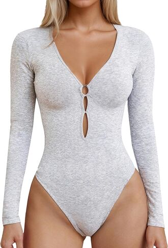 Women Deep V Neck Long Sleeve Bodysuit with Cutout Going Out Bodysuit Casual Stretchy Basic Bodysuit Tops in Kuwait