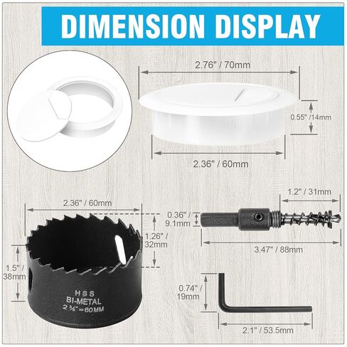 2-3/8" Spring Desk Grommet, JTemgle Plastic Cable Hole Cover with Hole Saw Computer Table Cord Wire Organizer Caps Desktop Cord Management for Home Office TV Stands Tabletops - White, 7 Pcs in Kuwait