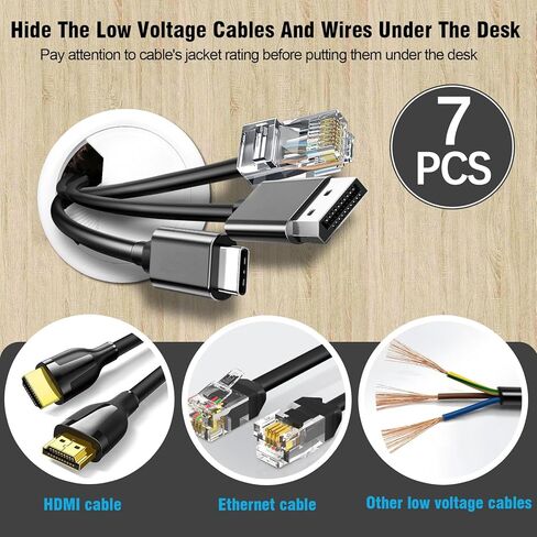 2-3/8" Spring Desk Grommet, JTemgle Plastic Cable Hole Cover with Hole Saw Computer Table Cord Wire Organizer Caps Desktop Cord Management for Home Office TV Stands Tabletops - White, 7 Pcs in Kuwait